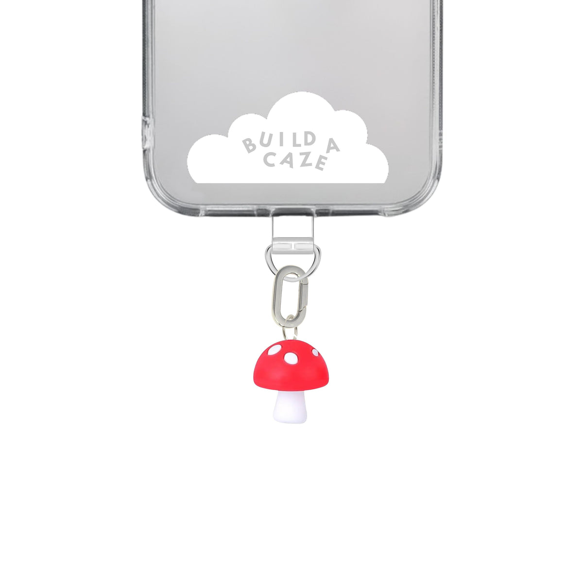 Adorable red and green mushroom phone charm with a whimsical forest aesthetic, cute 3D shroomie mobile accessory and trendy Y2K tech strap for phone cases by Build a Caze.