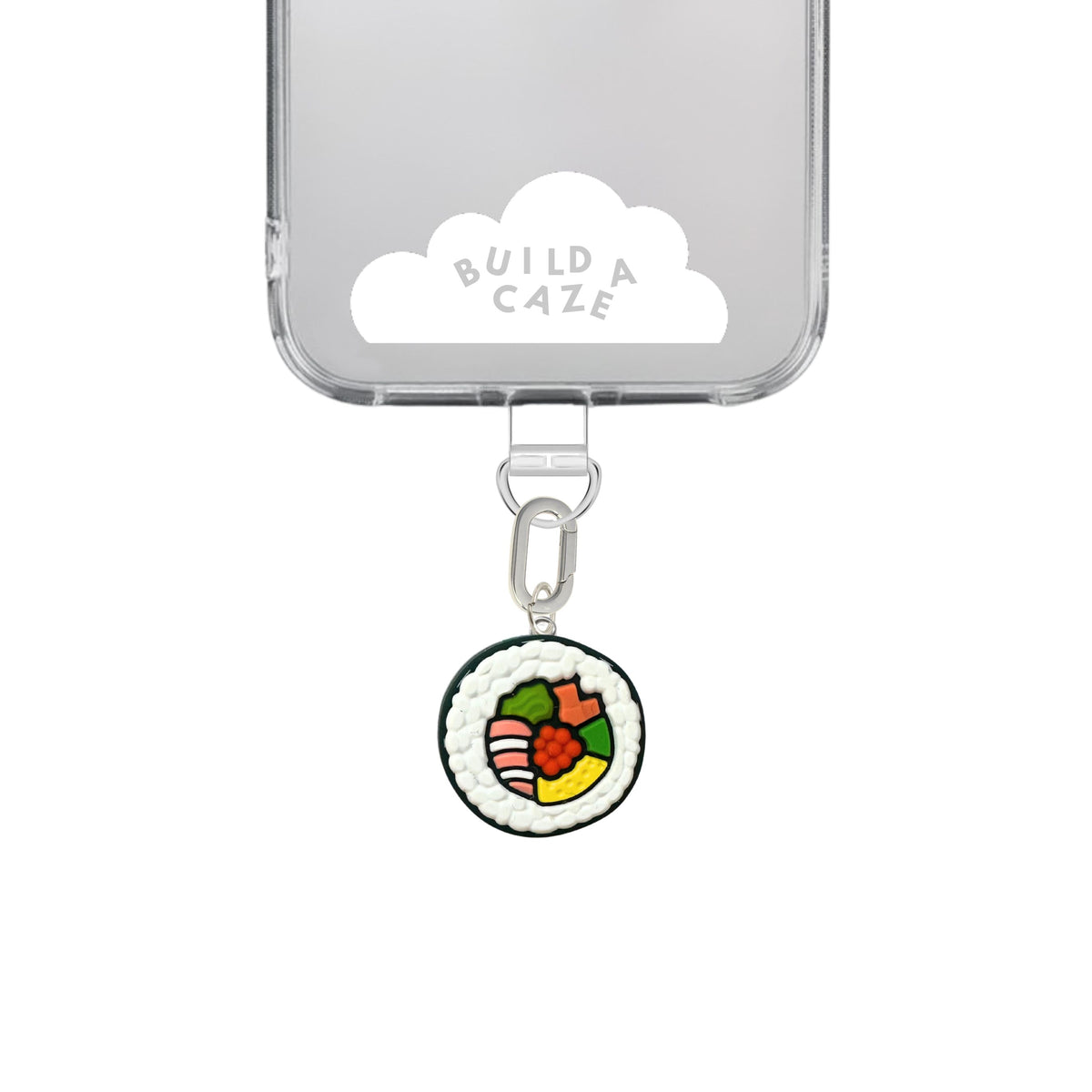 Quirky sushi-shaped phone charm featuring a white, green, and orange Nigiri design, unique 3D food-themed mobile accessory and Y2K aesthetic tech decoration by Build a Caze.
