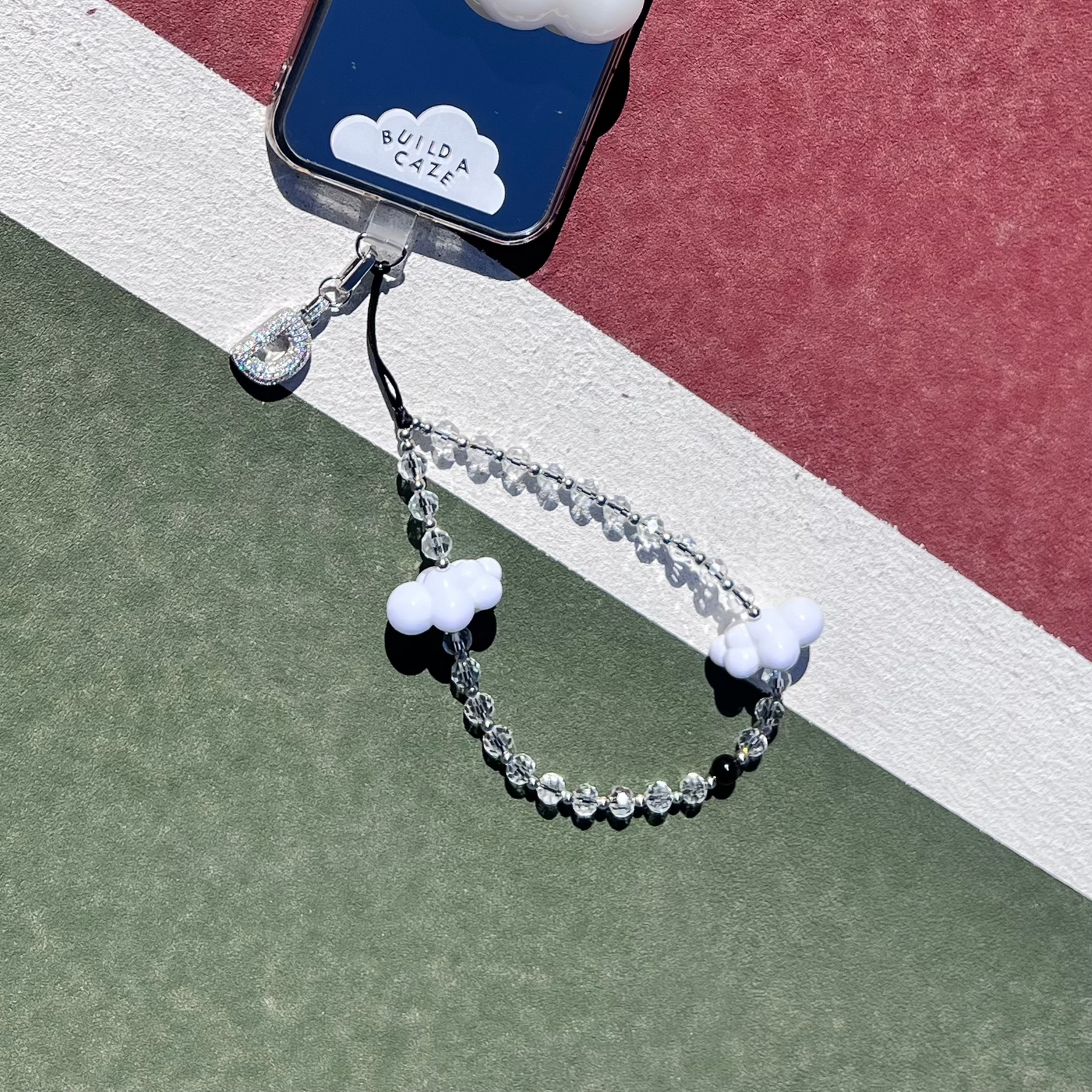 Phone lanyard sparkling diamond-like beads and white cloud charms Build A Caze