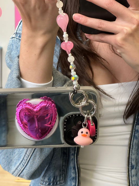 Pink heart pop balloon MagSafe pop holder, cute 3D heart-shaped magnetic pop socket and phone grip accessory.