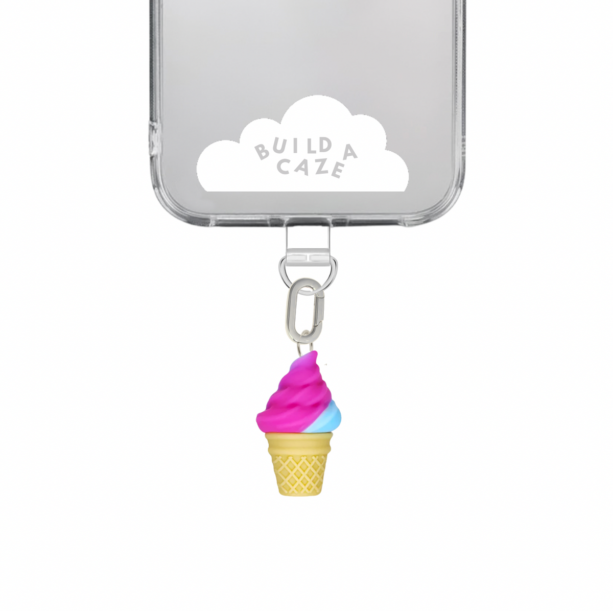 Playful swirly ice cream cone phone charm with a colorful summer vibe, cute Y2K aesthetic mobile accessory and whimsical tech decoration for phone cases by Build a Caze.