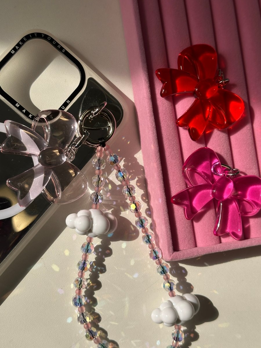 Phone lanyard iridescent pink gummy bow charms, holographic beads beaded Build A Caze