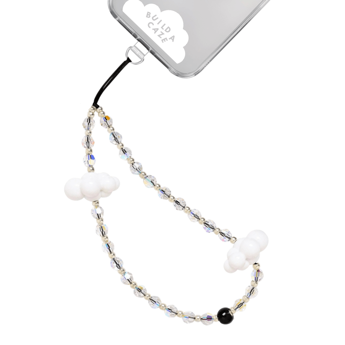 Phone wrist strap Clear beads and whimsical white cloud charms cell Phone Build A Caze