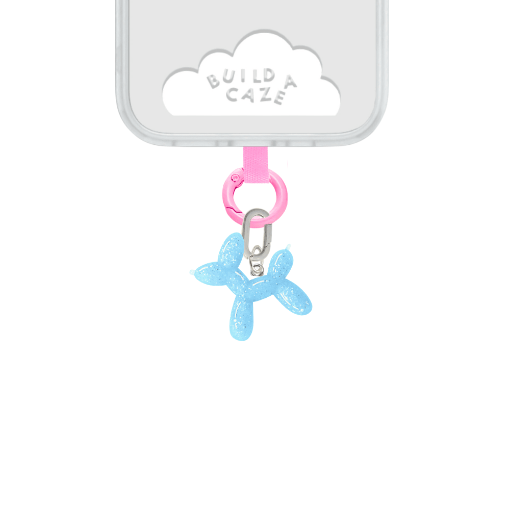 Adorable light blue silicone balloon dog phone charm, a squishy and cute puppy-inspired mobile accessory and keychain for pet lovers by Build a Caze.