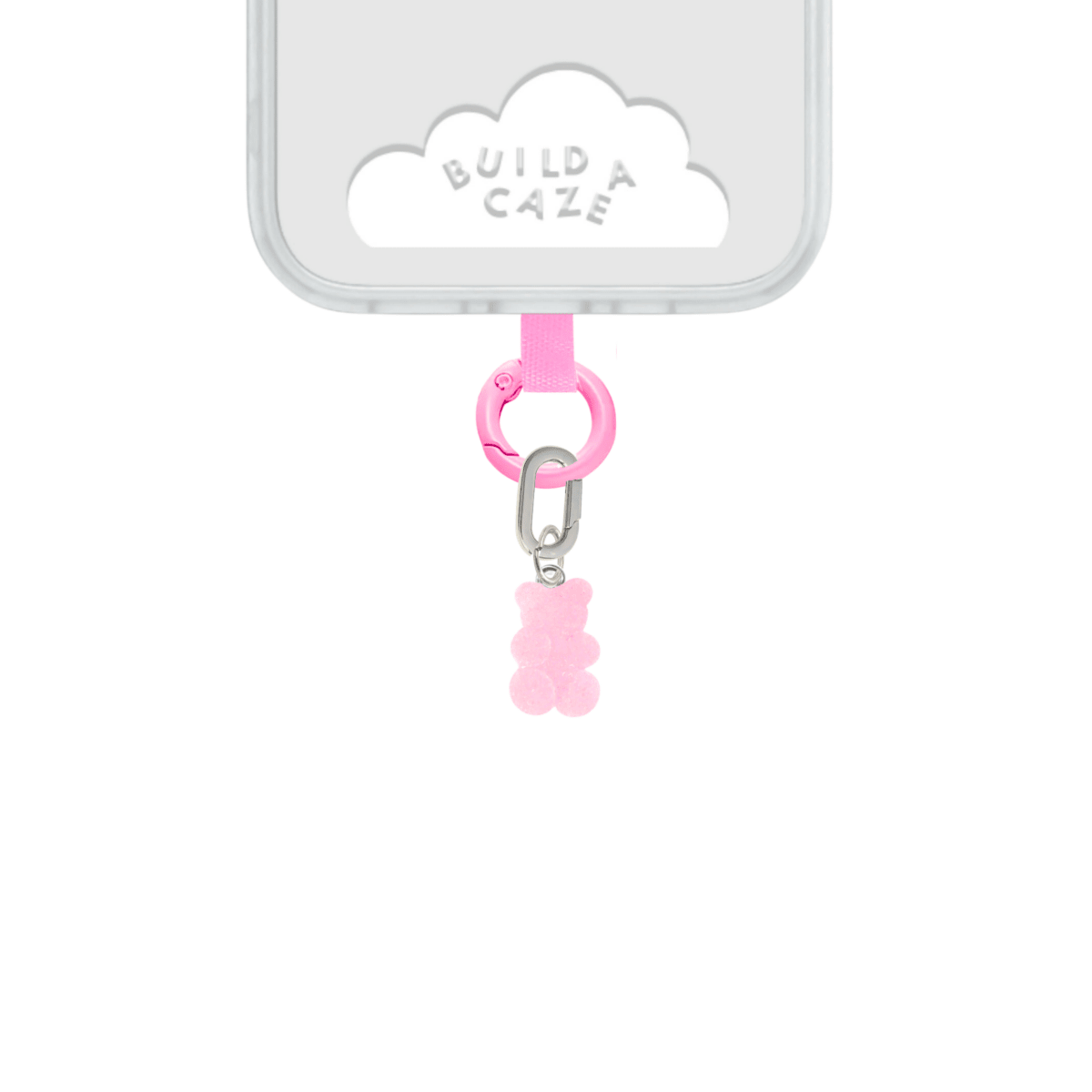 Sugar-coated pink gummy bear phone charm, cute bubble bear mobile accessory for candy-inspired Y2K aesthetics by Build a Caze.