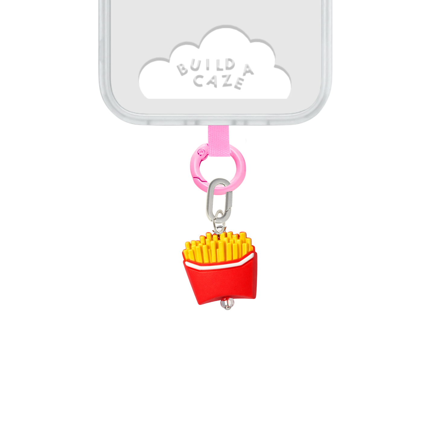 Cute 3D French fries in a red carton phone charm, food-themed Charmie accessory.