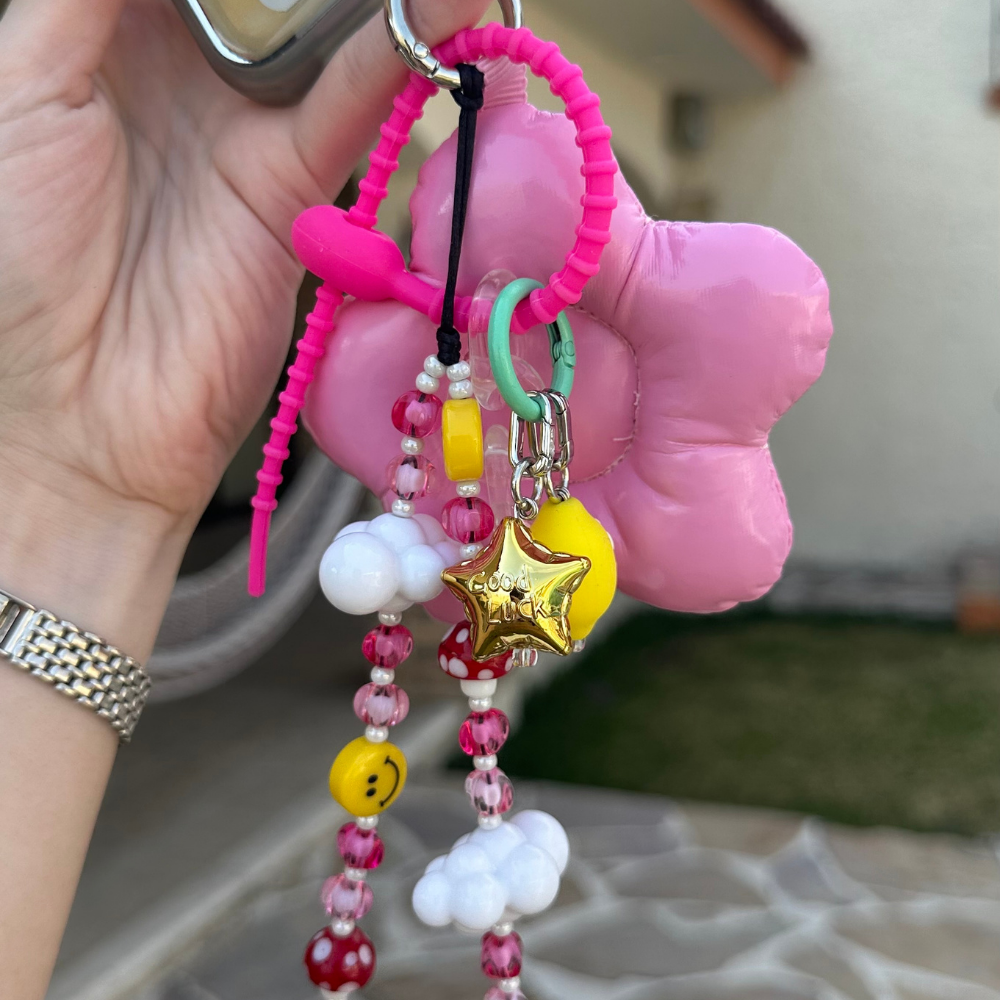 Pink Flower Power Puffy Keychain