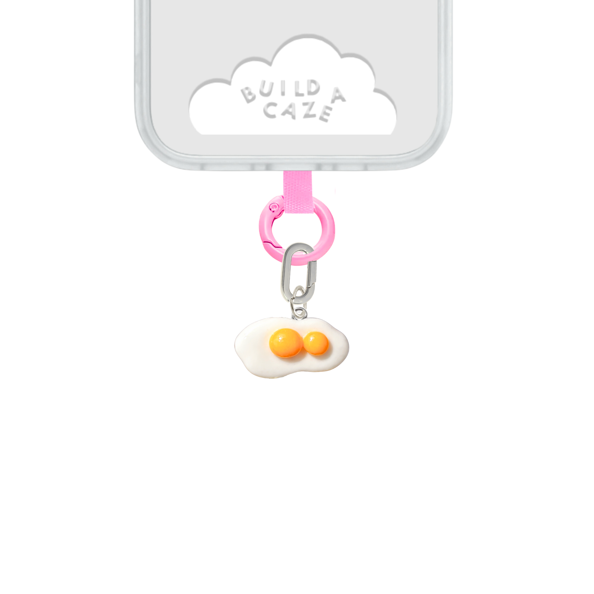 Fried egg with two yolks 3D phone charm, sunny-side-up food accessory.