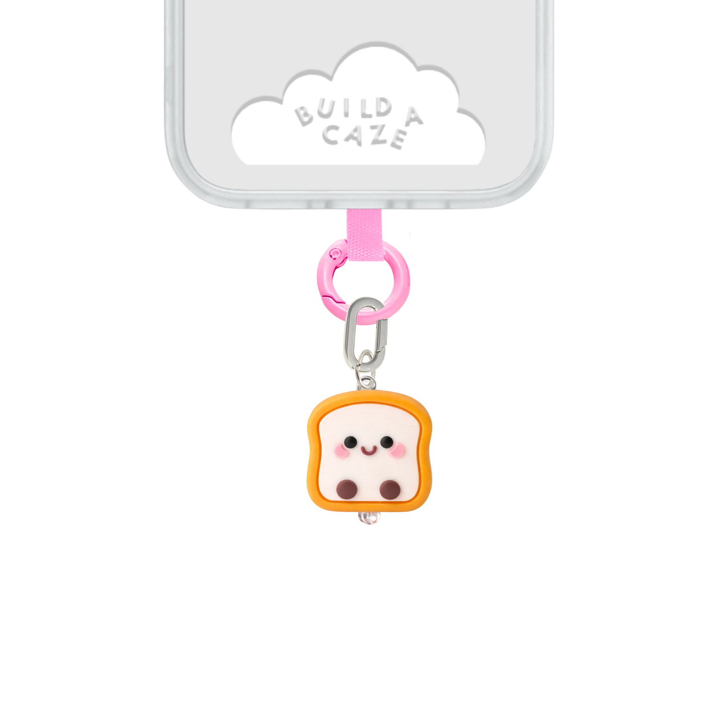 Cute Kawaii Toast phone charm featuring a happy face and rosy cheeks, a sweet and cozy aesthetic mobile accessory and decorative tech strap by Build a Caze.