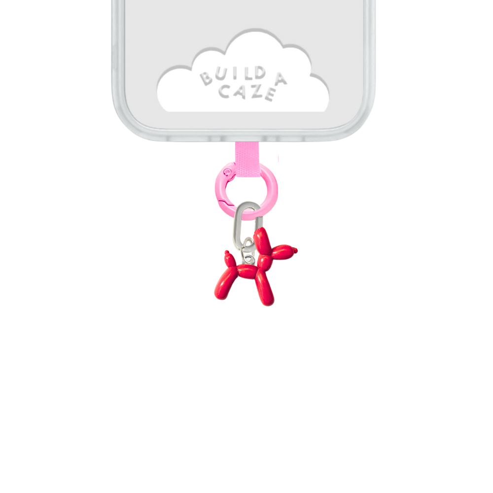 Artsy red balloon dog phone charm with a glossy finish, cute 3D animal mobile accessory and Y2K aesthetic tech decoration for phone cases by Build a Caze.