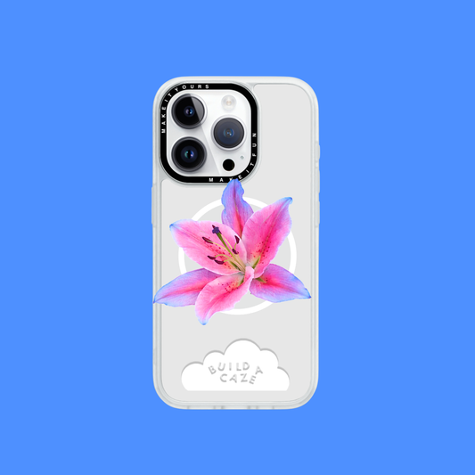Vibrant pink and purple lily design MagSafe phone grip and magnetic pop holder for iPad or smartphone. A celestial floral pop socket and tech accessory.