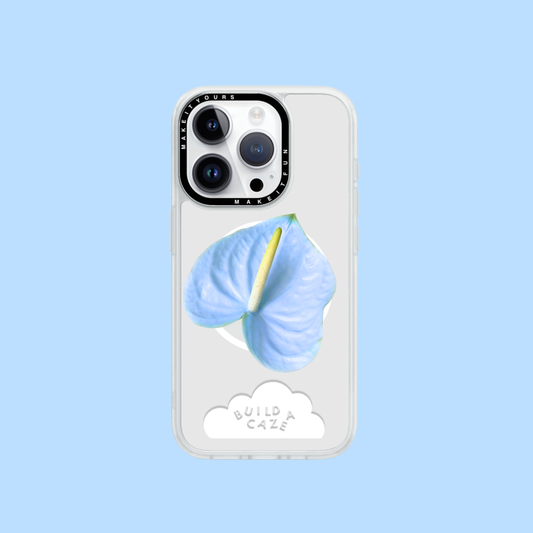 Sky blue heart shaped anthurium floral design MagSafe phone grip and magnetic pop holder for Kindle and smartphone. A unique blue heart pop socket and chic tech accessory for your phone case.
