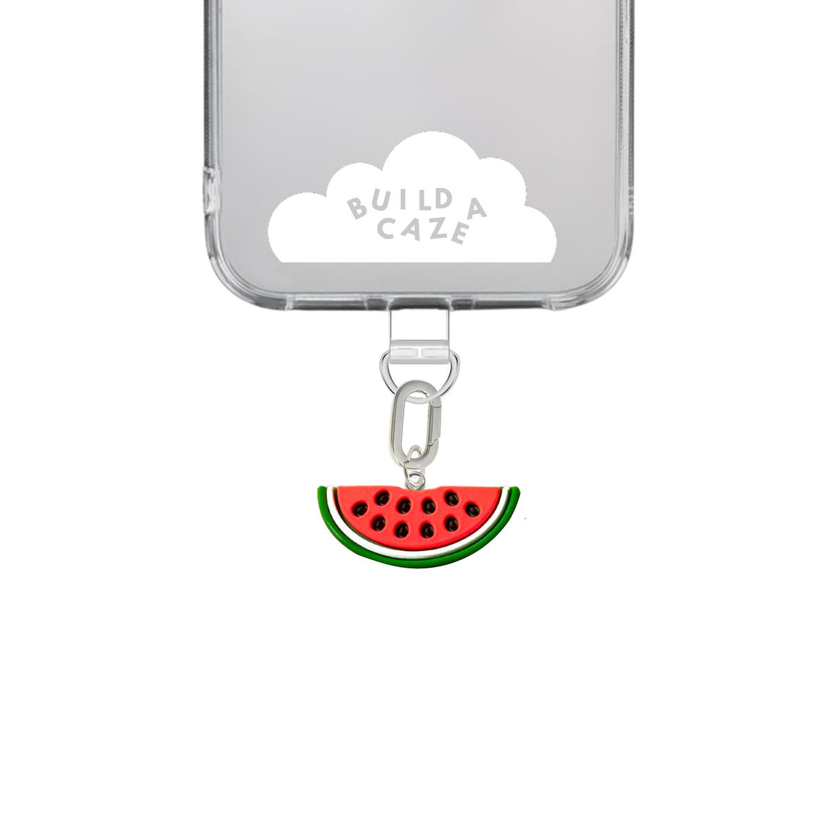 Quirky watermelon slice phone charm with a fruity 3D design, cute red and green aesthetic mobile accessory and decorative tech strap for phone cases by Build a Caze.