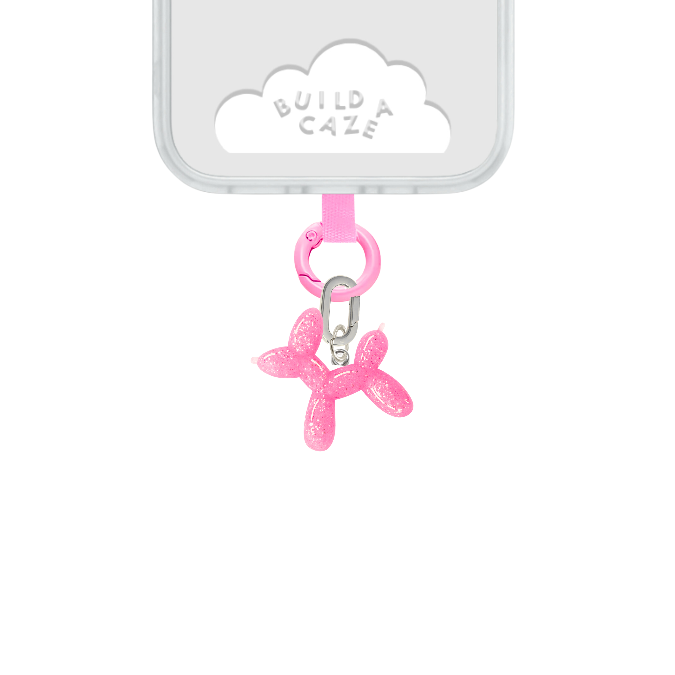 Adorable pink silicone balloon dog phone charm with a squishy texture, nostalgic Y2K aesthetic mobile accessory for phone cases and bags by Build a Caze.