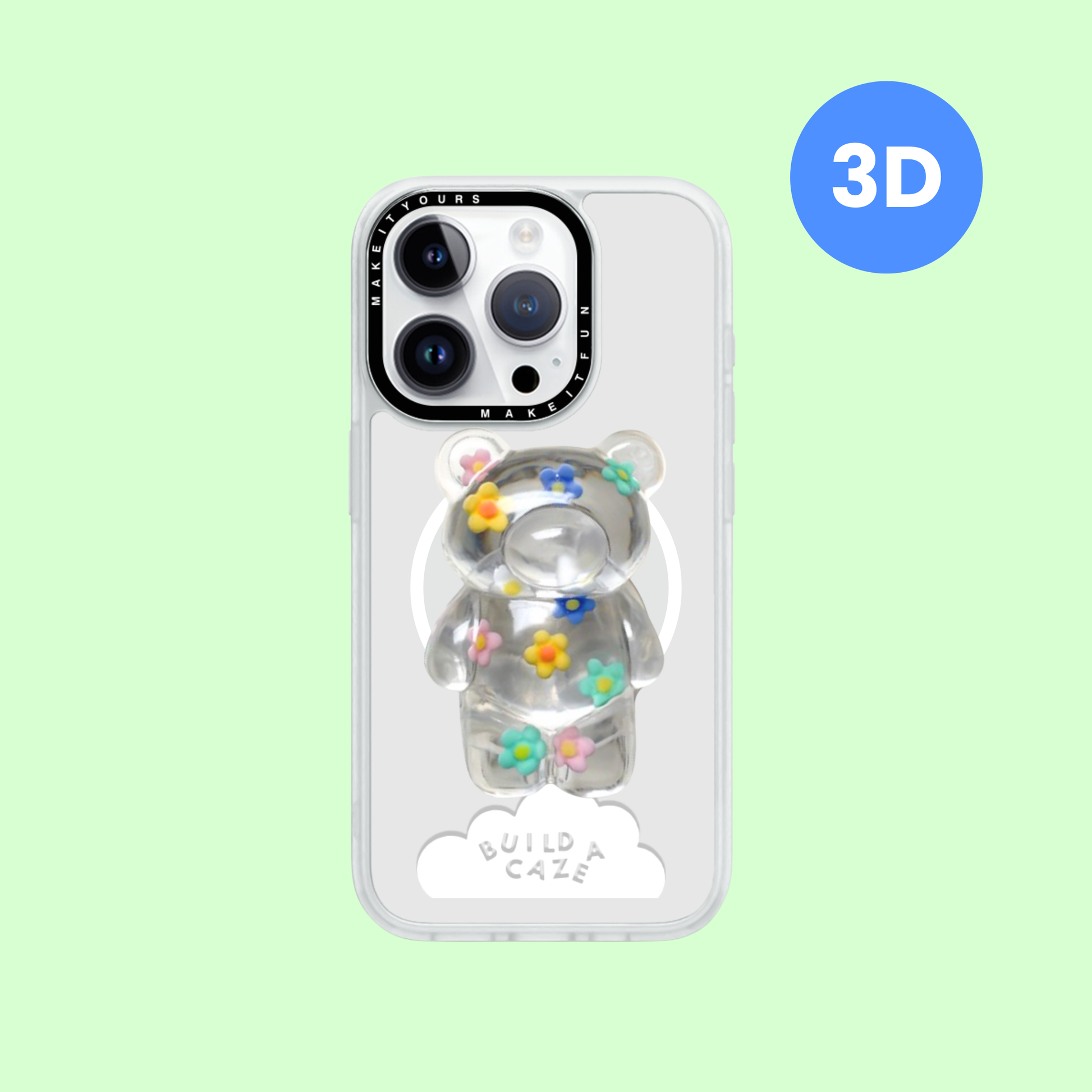 Clear 3D bear-shaped phone grip with floral details. This MagSafe magnetic pop holder and pop socket provides a secure phone grip for iPhones, Kindles, and tablets. A cute, tactile tech accessory.