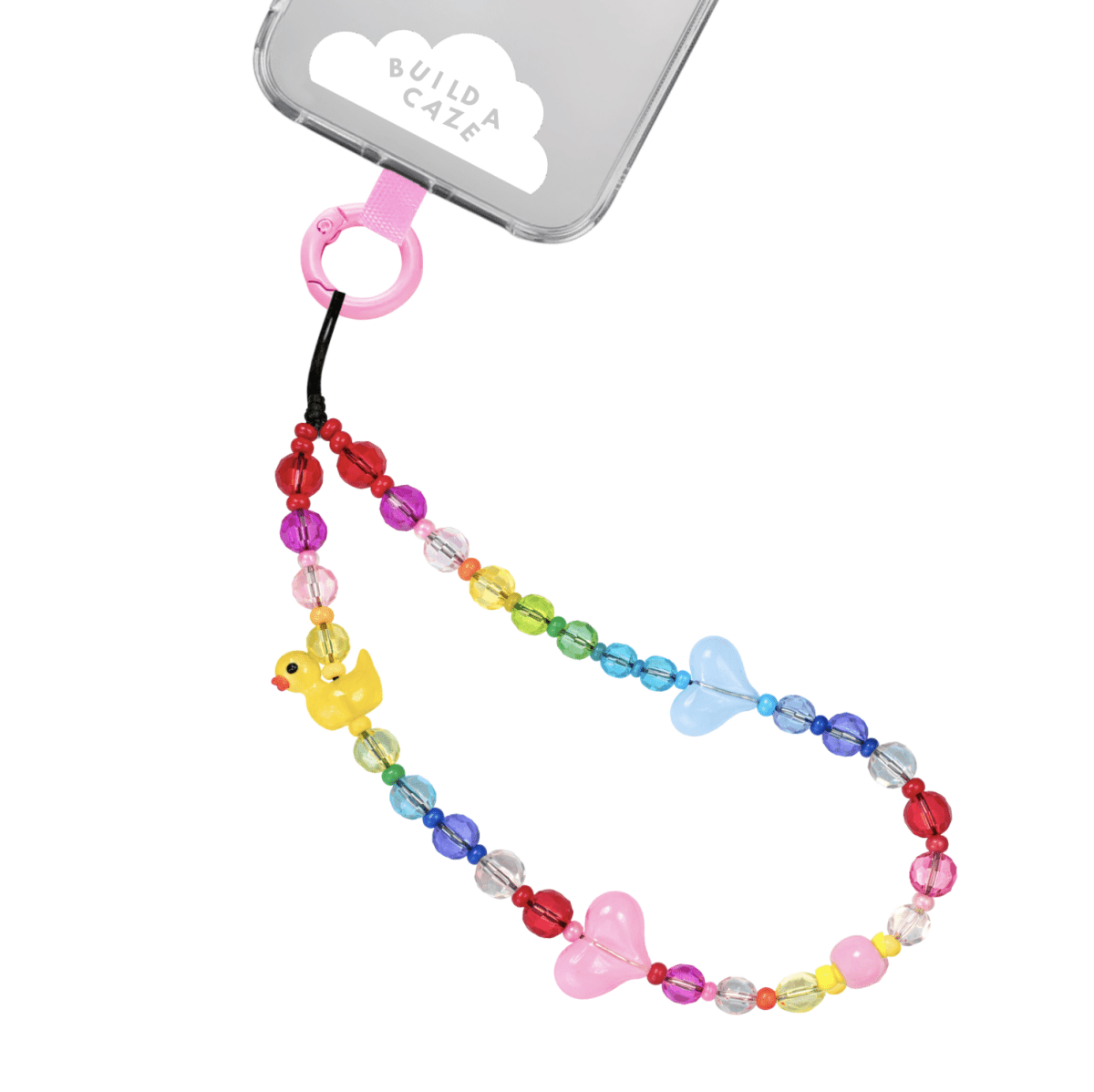 Beaded phone wrist strap featuring multicolor rainbow beads, heart charms, and a yellow ducky charm, attached with a black cord lanyard, perfect as a Y2K style phone strap and mobile phone accessory.