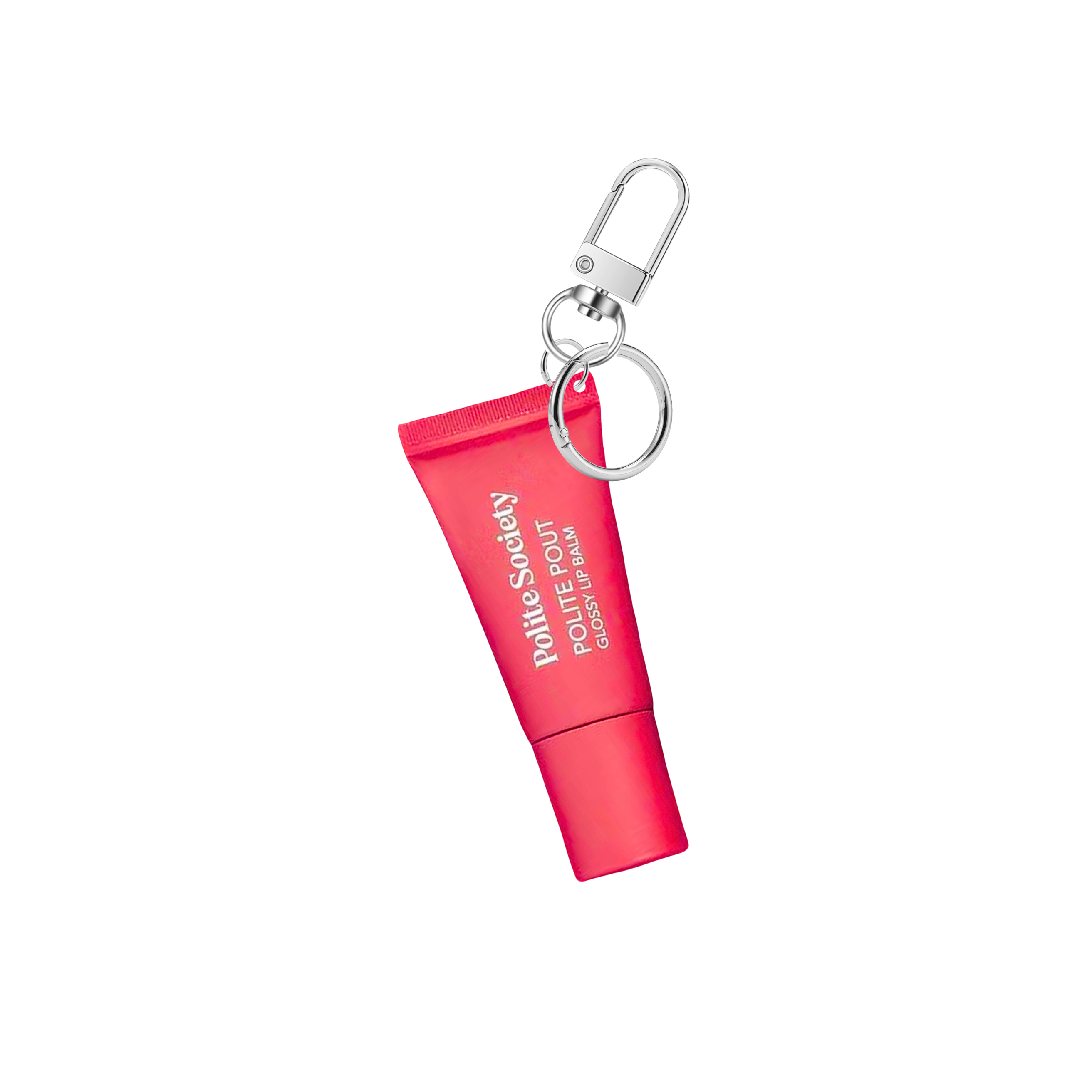 Polite Society Hot Buttered Rum mini lip gloss keychain, warm tinted lip balm charm for phone cases and bags, cozy aesthetic mobile accessory, scented lip gloss attachment.