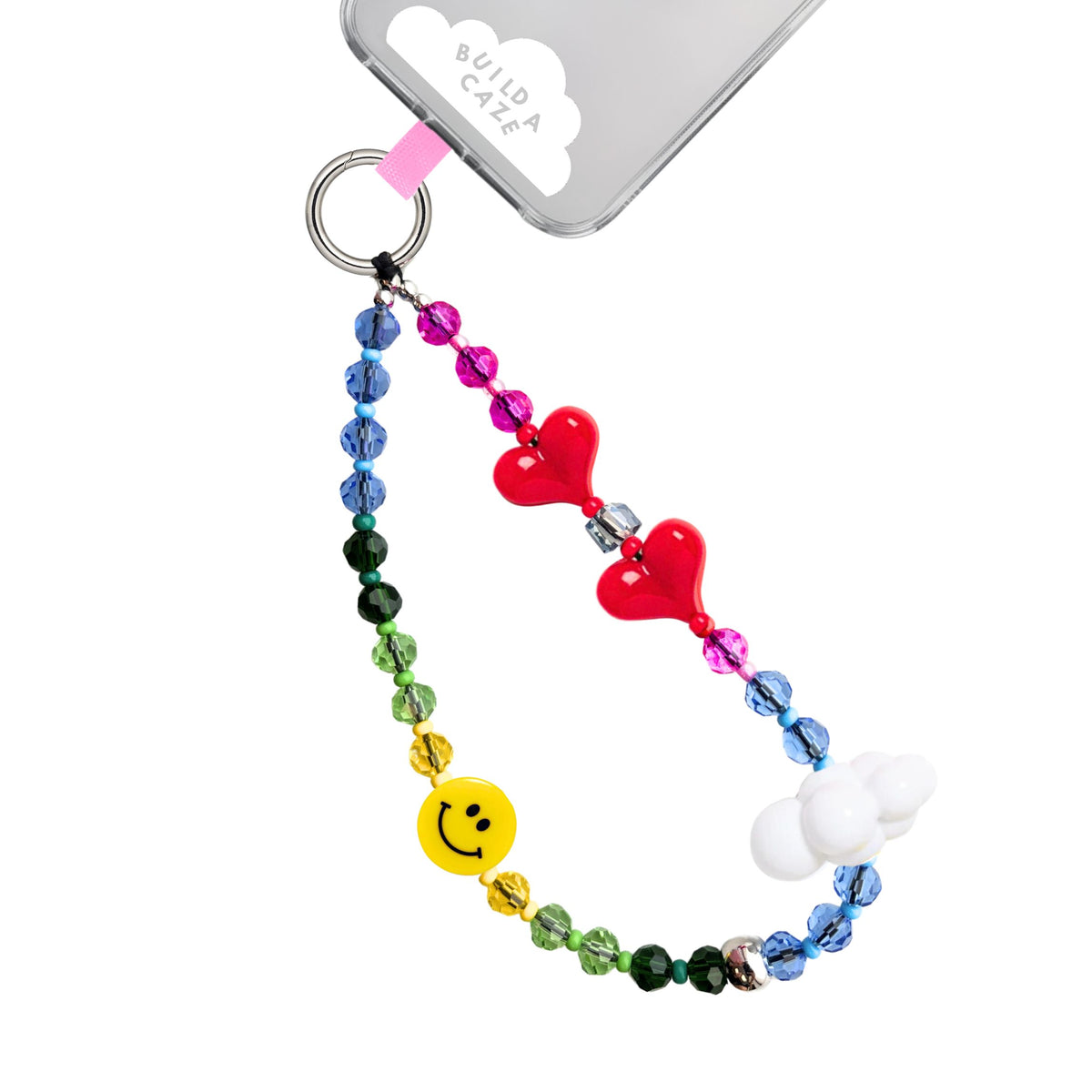 Phone wrist strap fuchsia and pink beads, heart charms, smiley faces, and cloud charms cell Phone Build A Caze