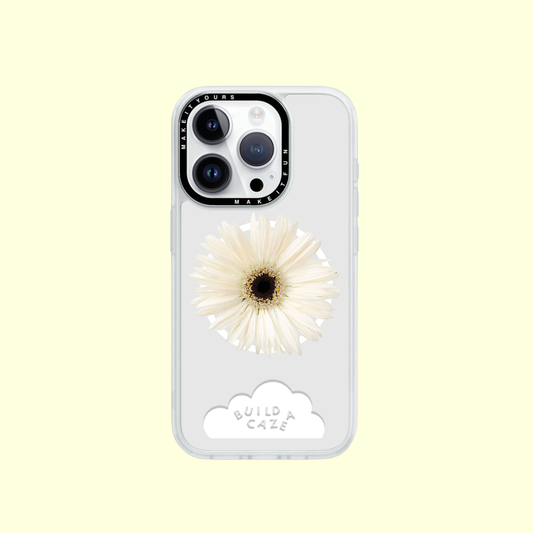 White gerbera flower design MagSafe phone grip and magnetic pop holder for iPhone, Kindle, and iPad. A minimal aesthetic floral pop socket and secure phone grip accessory.