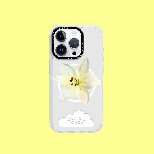 Elegant white lily design MagSafe phone grip and magnetic pop holder for Kindle, tablet, and smartphone. A sophisticated floral pop socket and phone grip tech accessory for the clean girl aesthetic.