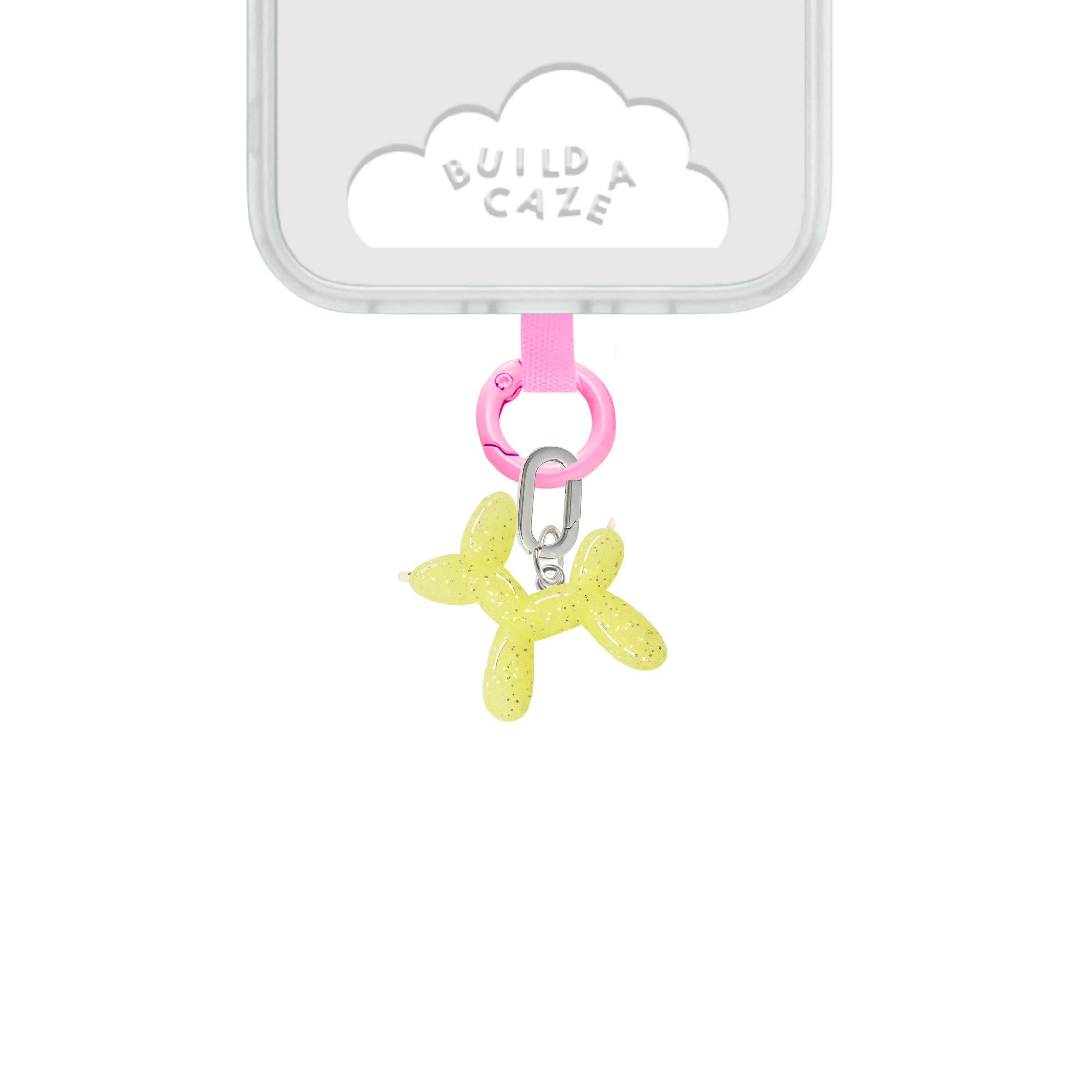Adorable green silicone dog balloon charm, a squishy and playful Y2K aesthetic mobile phone accessory by Build a Caze.