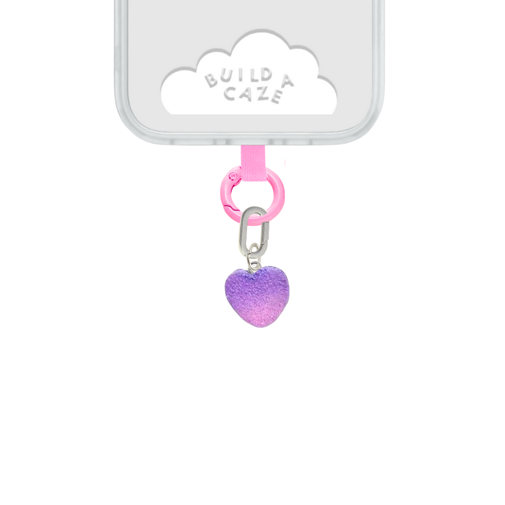 Cute purple heart-shaped gummy phone charm with a gradient finish, nostalgic Y2K aesthetic mobile accessory and decorative tech strap by Build a Caze.