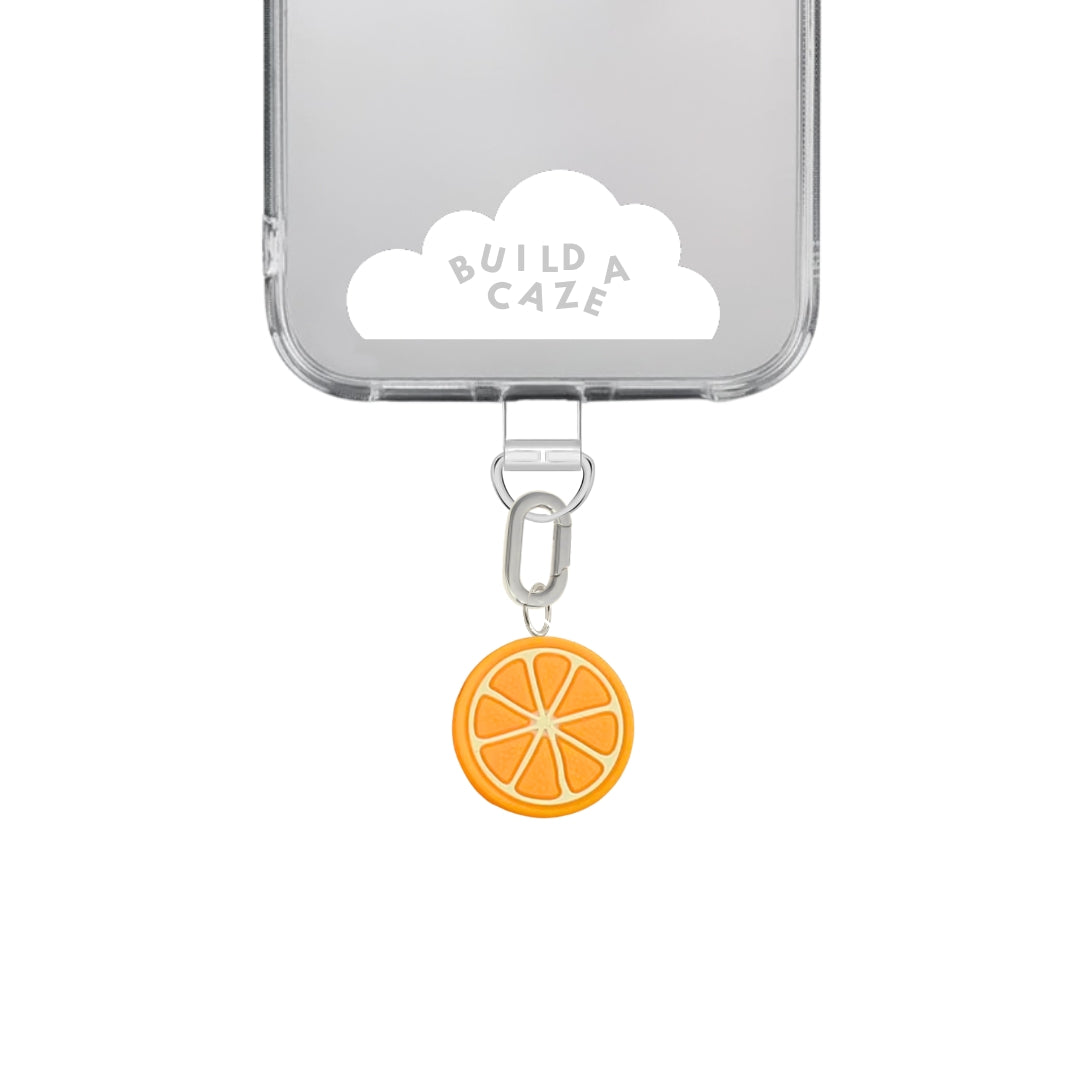Zesty orange fruit phone charm with a juicy citrus design, quirky 3D food-themed mobile accessory and trendy tech strap for phone cases by Build a Caze.