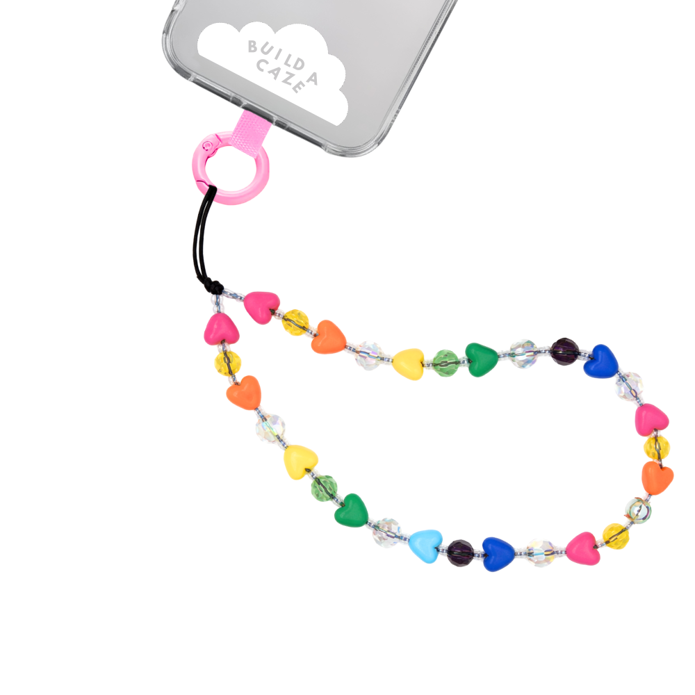 Rainbow heart-shaped beaded phone strap with iridescent crystal accents.