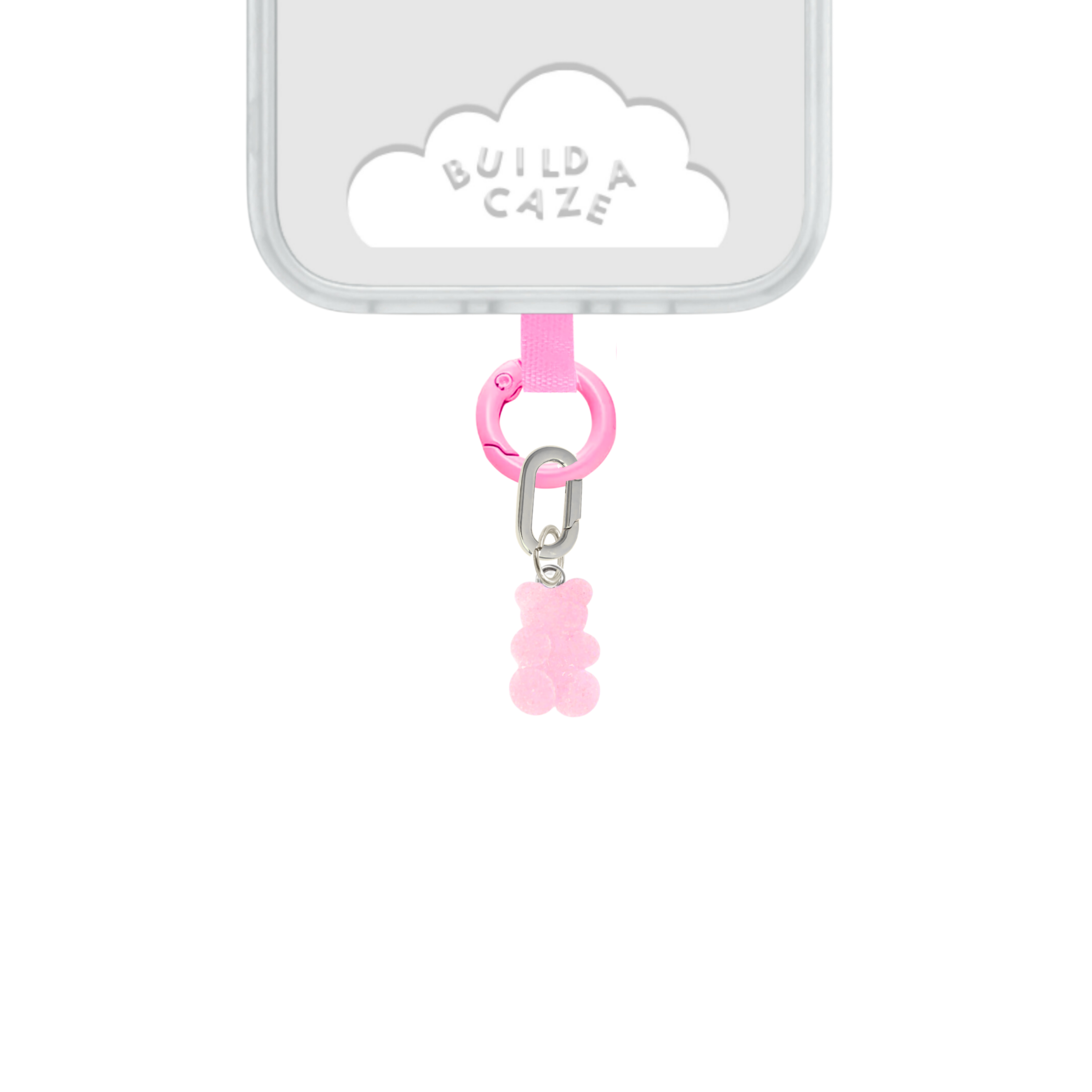 Sugar-coated pink gummy bear phone charm, cute bubble bear mobile accessory for candy-inspired Y2K aesthetics by Build a Caze.