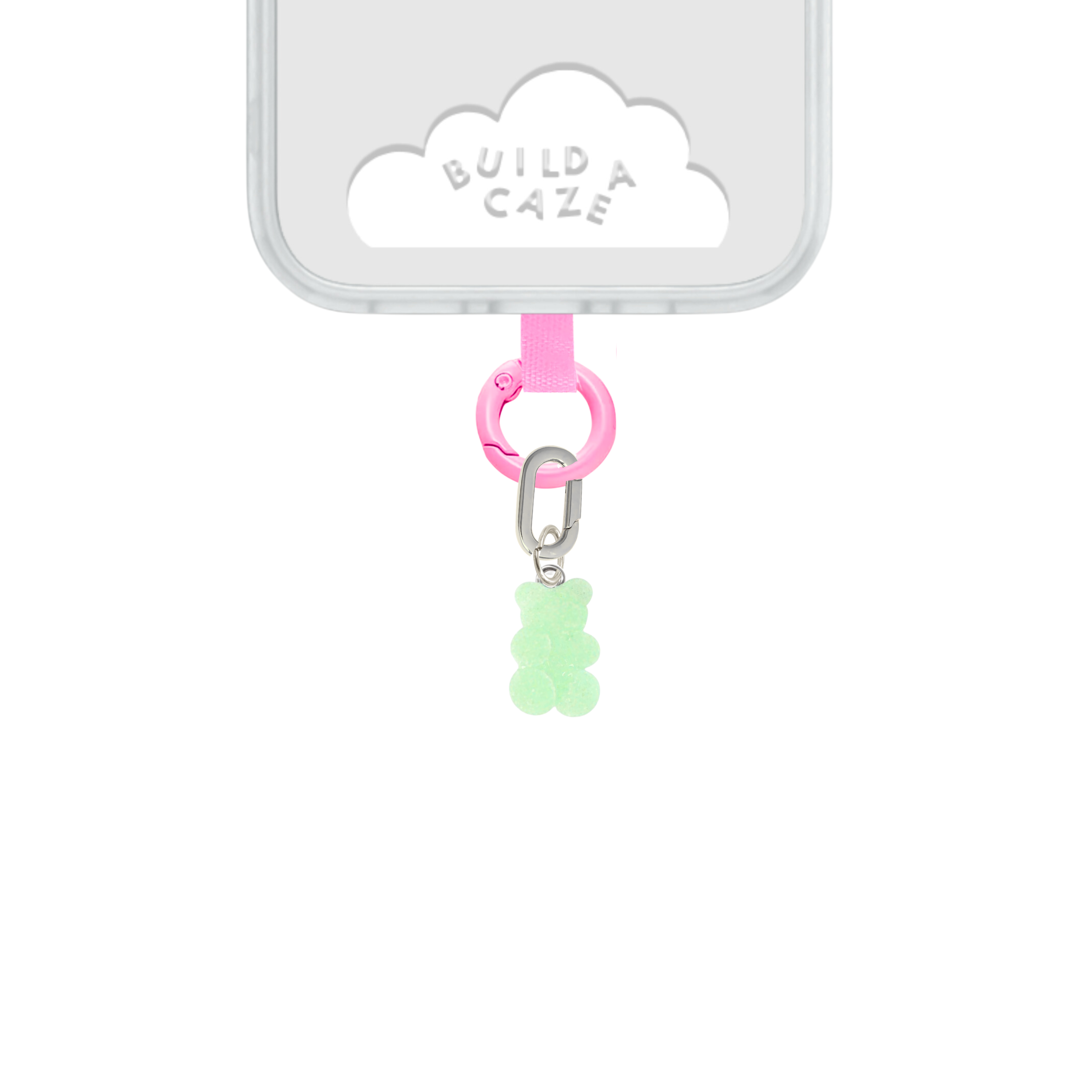 Green Bubble Bear Charmie phone accessory, a cute green sugar-coated gummy bear charm for mobile cases, featuring a playful Y2K aesthetic and whimsical candy style by Build a Caze.