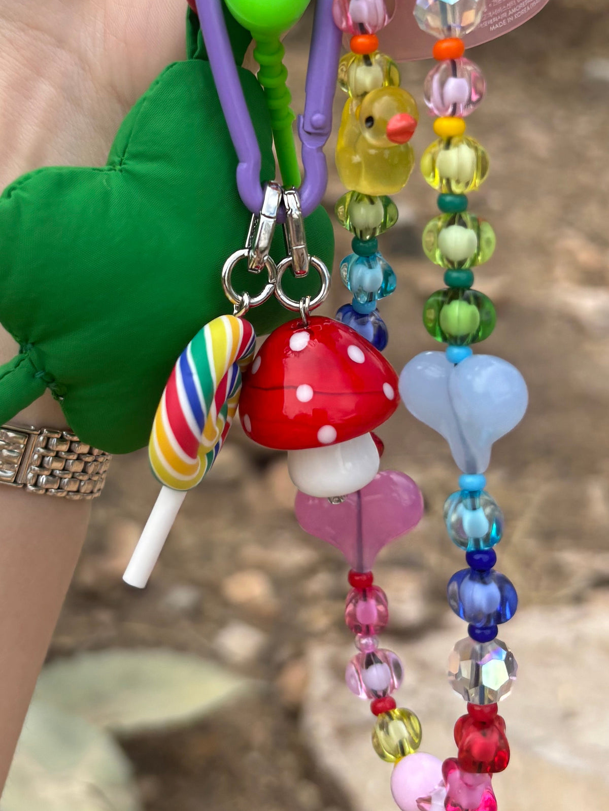 Oversized red and white toadstool phone charm bundled with beaded charms, Build A Caze.
