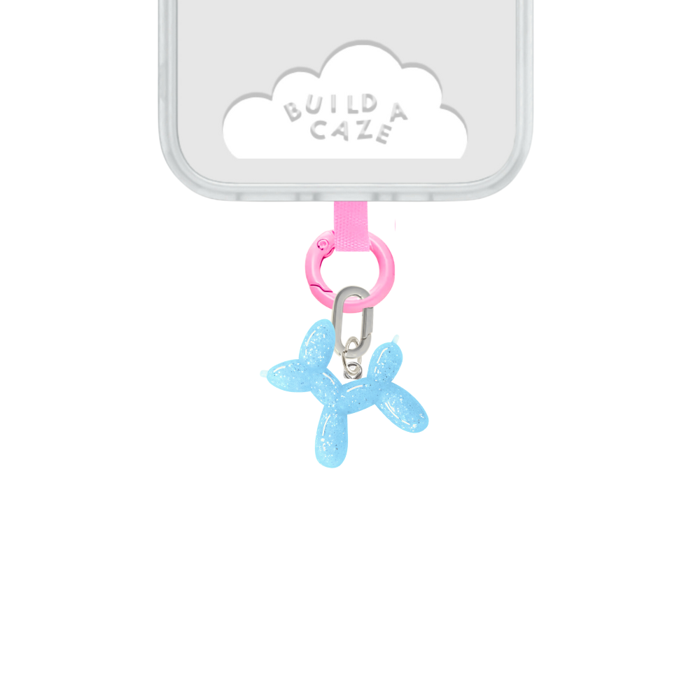 Adorable light blue silicone balloon dog phone charm, a squishy and cute puppy-inspired mobile accessory and keychain for pet lovers by Build a Caze.