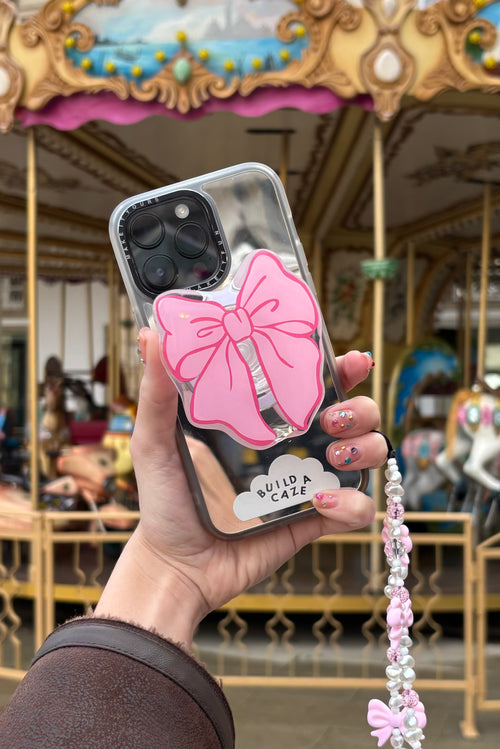 Poppy bow MagSafe pop holder, cute pink ribbon 3D bow magnetic pop socket and phone grip accessory.