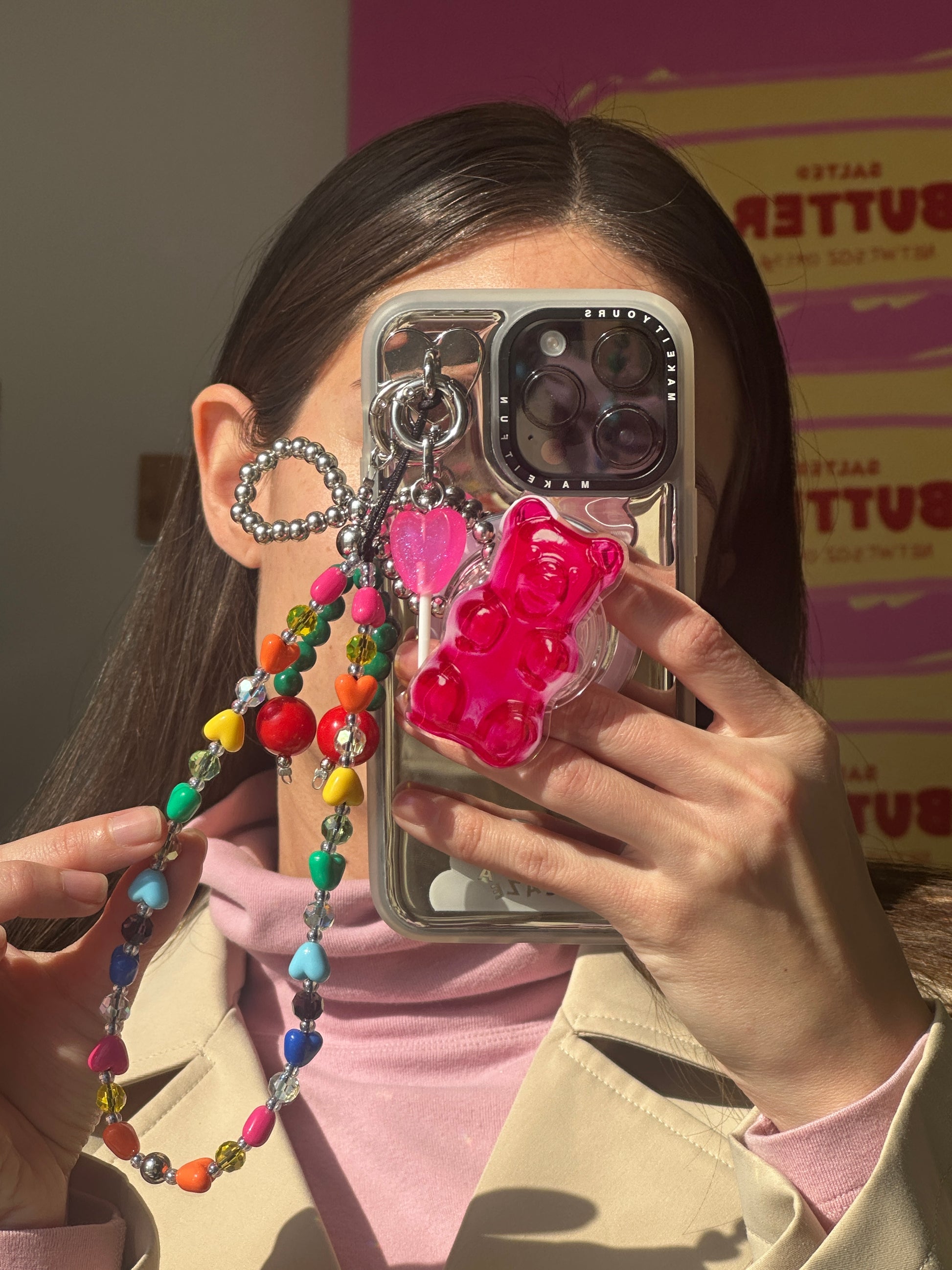 Pretty in Pink Gummy Bear MagSafe pop holder, cute pink gummy bear magnetic pop socket and phone grip accessory.