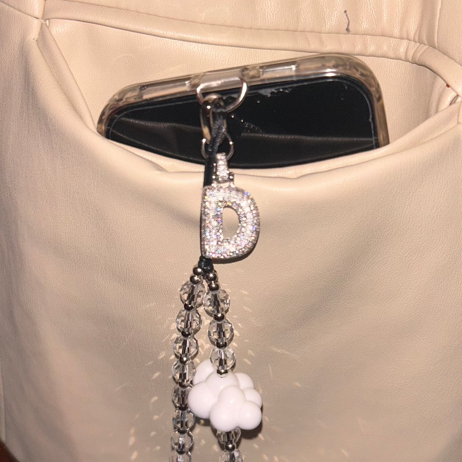 Phone wrist strap sparkling diamond-style beads and white cloud charms Build A Caze