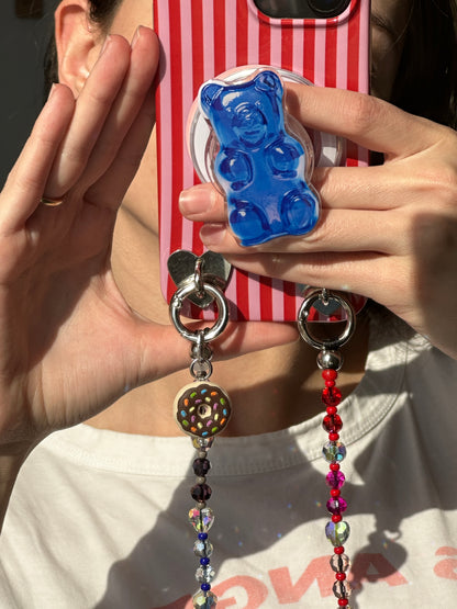 Cool blue gummy bear MagSafe pop holder, cute teal 3D resin gummy bear magnetic pop socket and phone grip accessory.