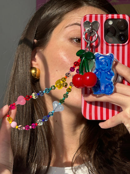 Beaded phone wrist strap featuring vibrant multicolor rainbow beads, heart charms, and a yellow ducky charm on a black cord lanyard, perfect as a decorative phone strap and mobile phone accessory.