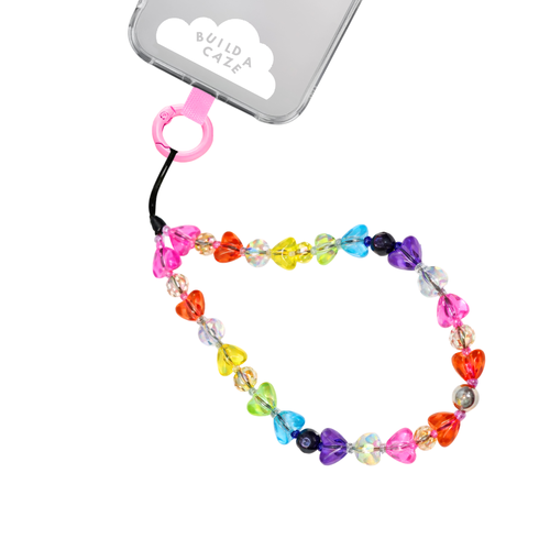 Colorful beaded phone wrist strap featuring vibrant candy-colored heart charms and a black cord lanyard, perfect as a decorative phone strap and mobile phone accessory for phone cases.