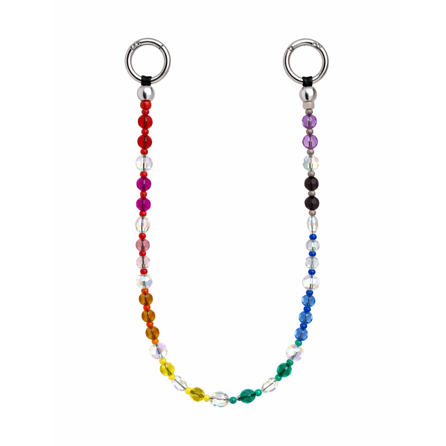 Rainbow beaded double ring phone strap with clear crystal accents and silver rings.