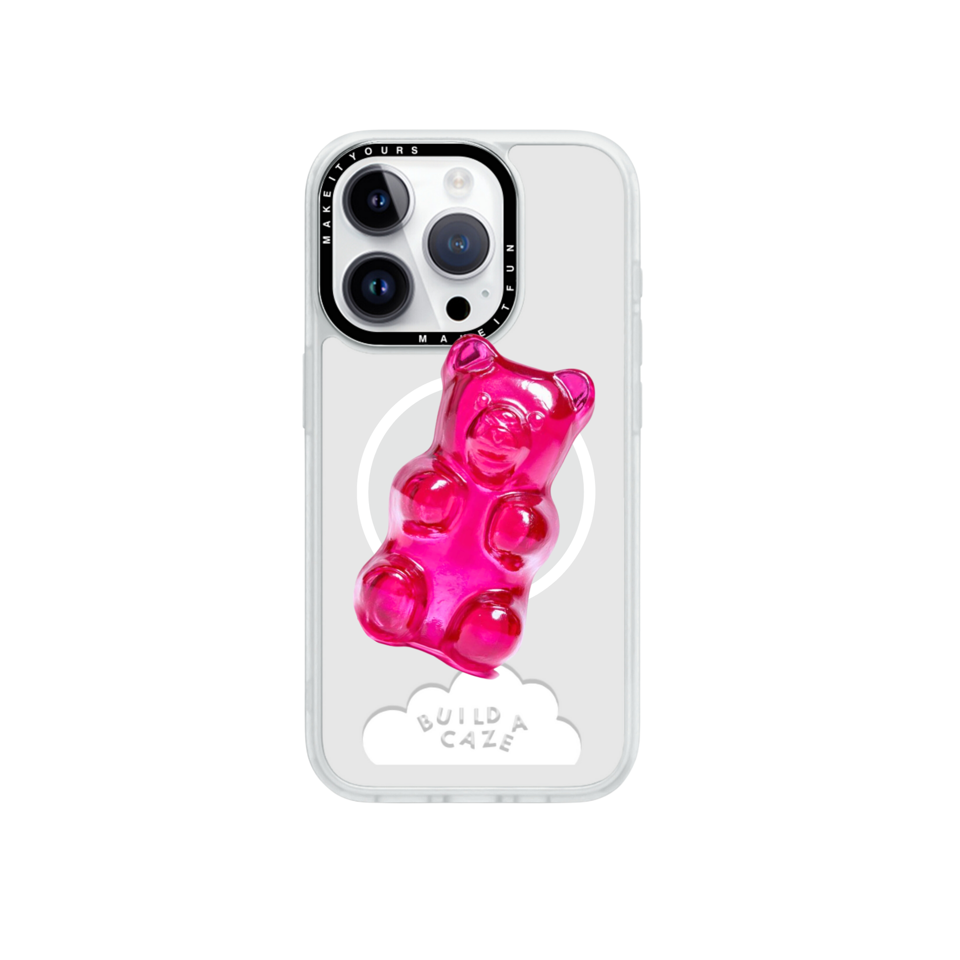 Hot pink translucent gummy bear phone grip, cute squishy Pop Grippy for girls.