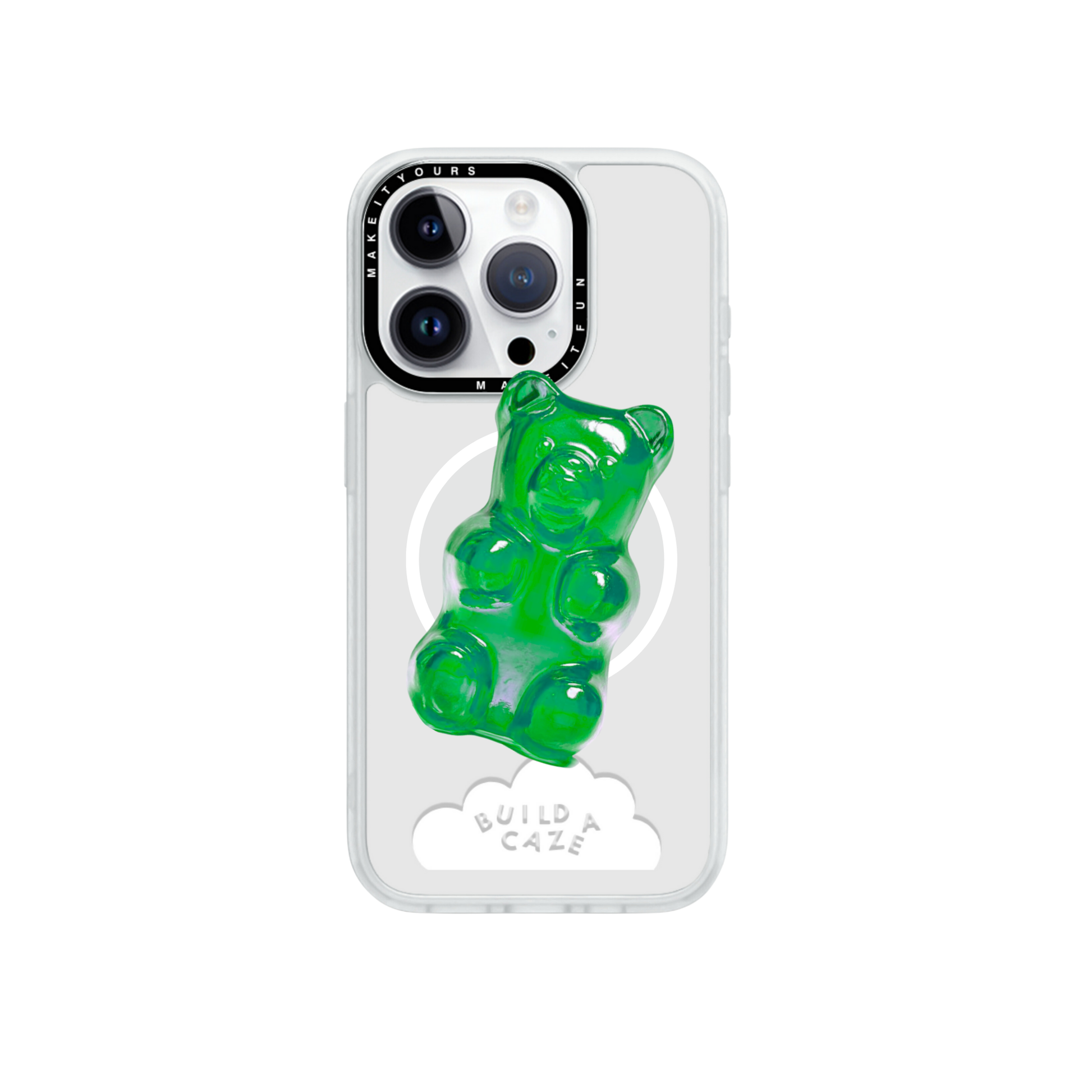 Neon green translucent gummy bear phone grip, squishy Pop Grippy accessory for mobile.