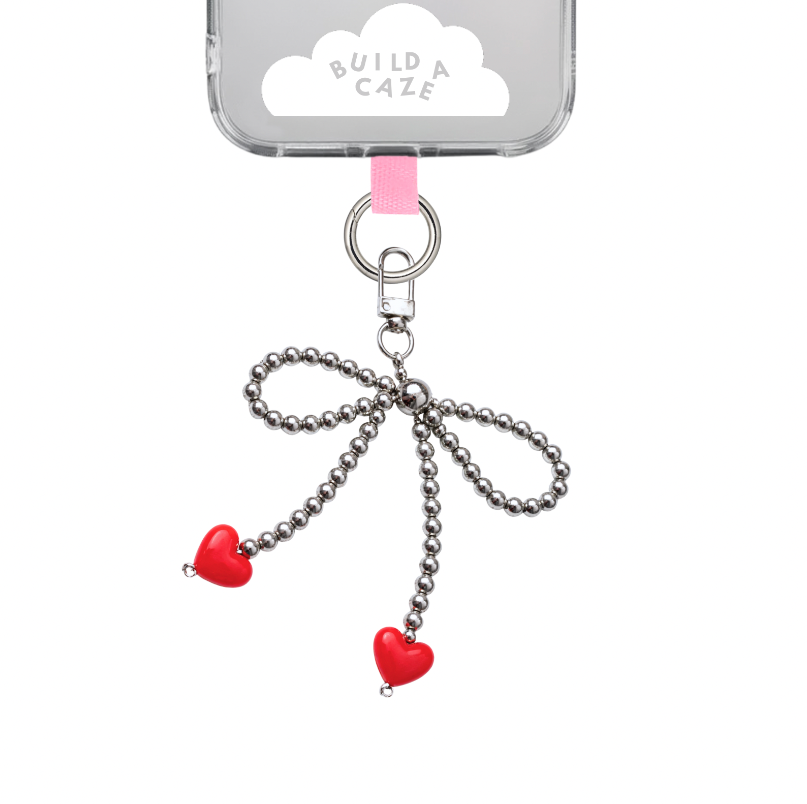 Pretty Tied Up Keychain featuring a white and purple bow with delicate hearts, cute charm for phone cases and bags, aesthetic mobile accessory, bow-shaped keychain attachment.