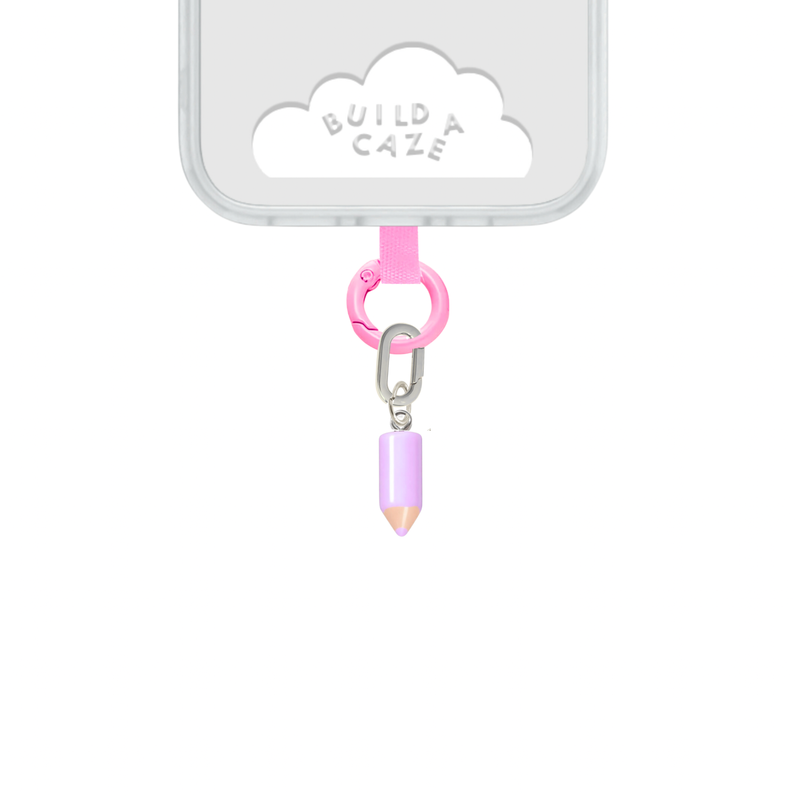 Tiny pink crayon phone charm featuring a whimsical 3D design, cute Y2K aesthetic mobile accessory and colorful tech strap for phone cases by Build a Caze.
