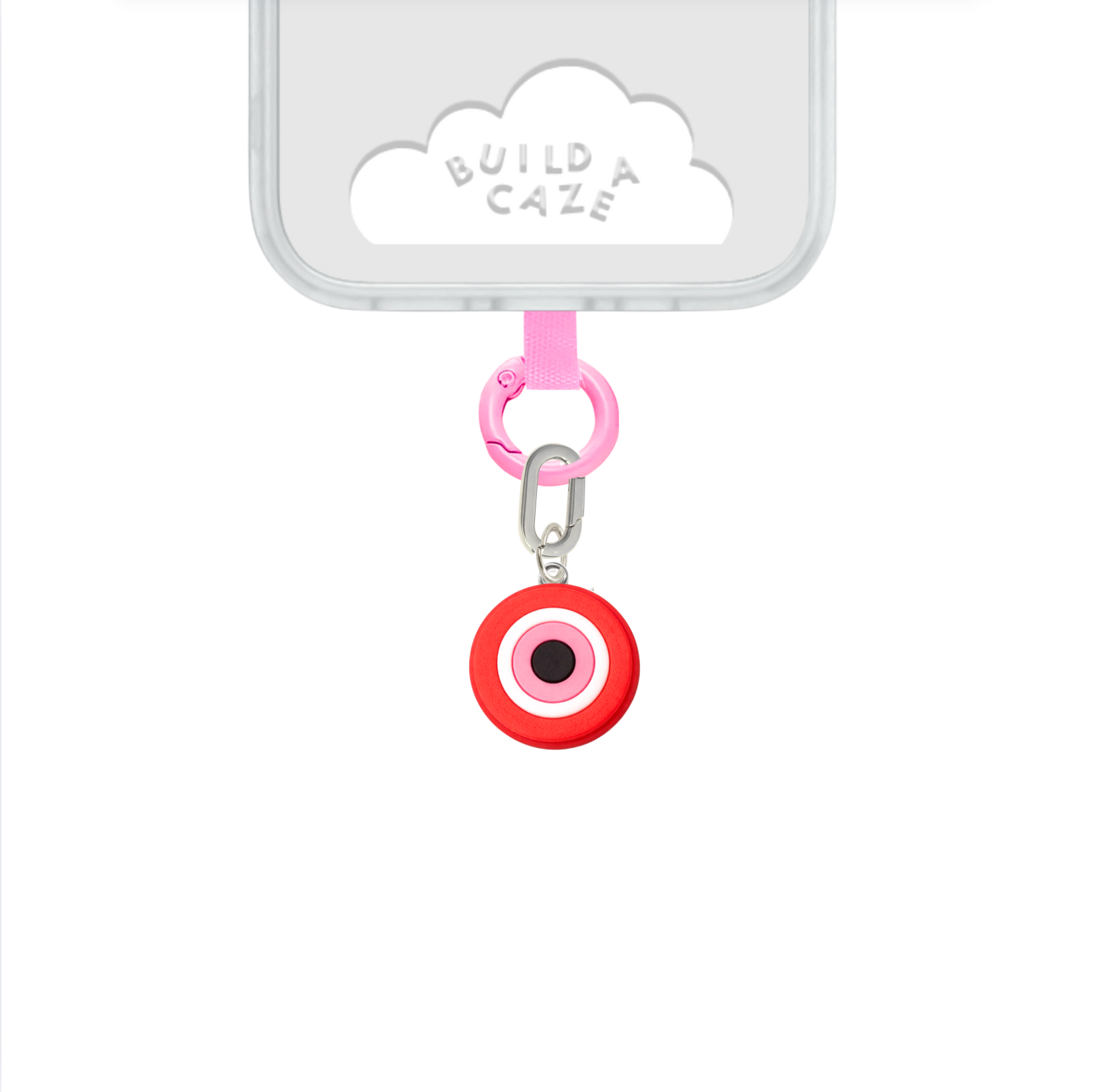 Deep red evil eye phone charm with a chic and mysterious aesthetic, protective nazar amulet mobile accessory and trendy Y2K style tech strap by Build a Caze.