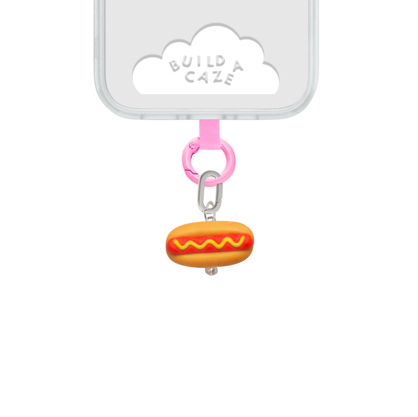 Mini hot dog 3D phone charm with mustard detail, fun food-themed Charmie accessory.