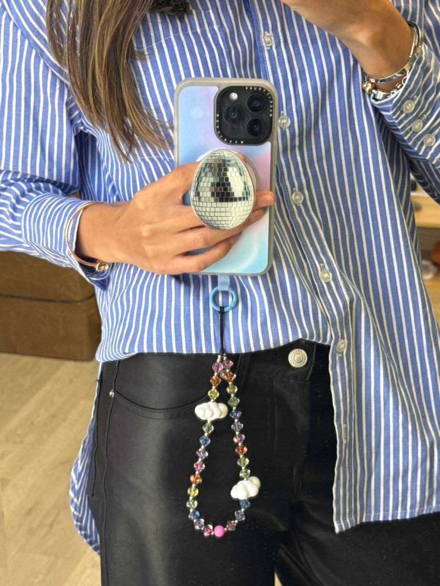 Phone wrist strap translucent rainbow beads and white cloud charms Build A Caze