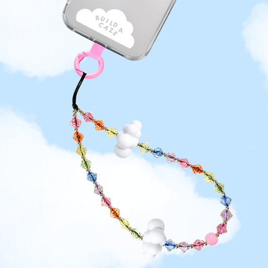 Beaded phone wrist strap featuring translucent colorful rainbow beads, white cloud charms, and a black cord lanyard, perfect as a decorative phone strap and mobile phone accessory.