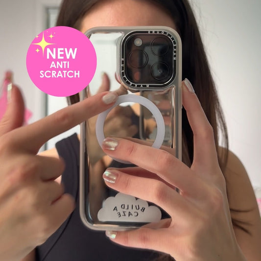 Anti-scratch MagSafe mirror phone case for iPhone 17 Pro Max featuring 10ft drop protection, epoxy coating, and a reflective silver back.