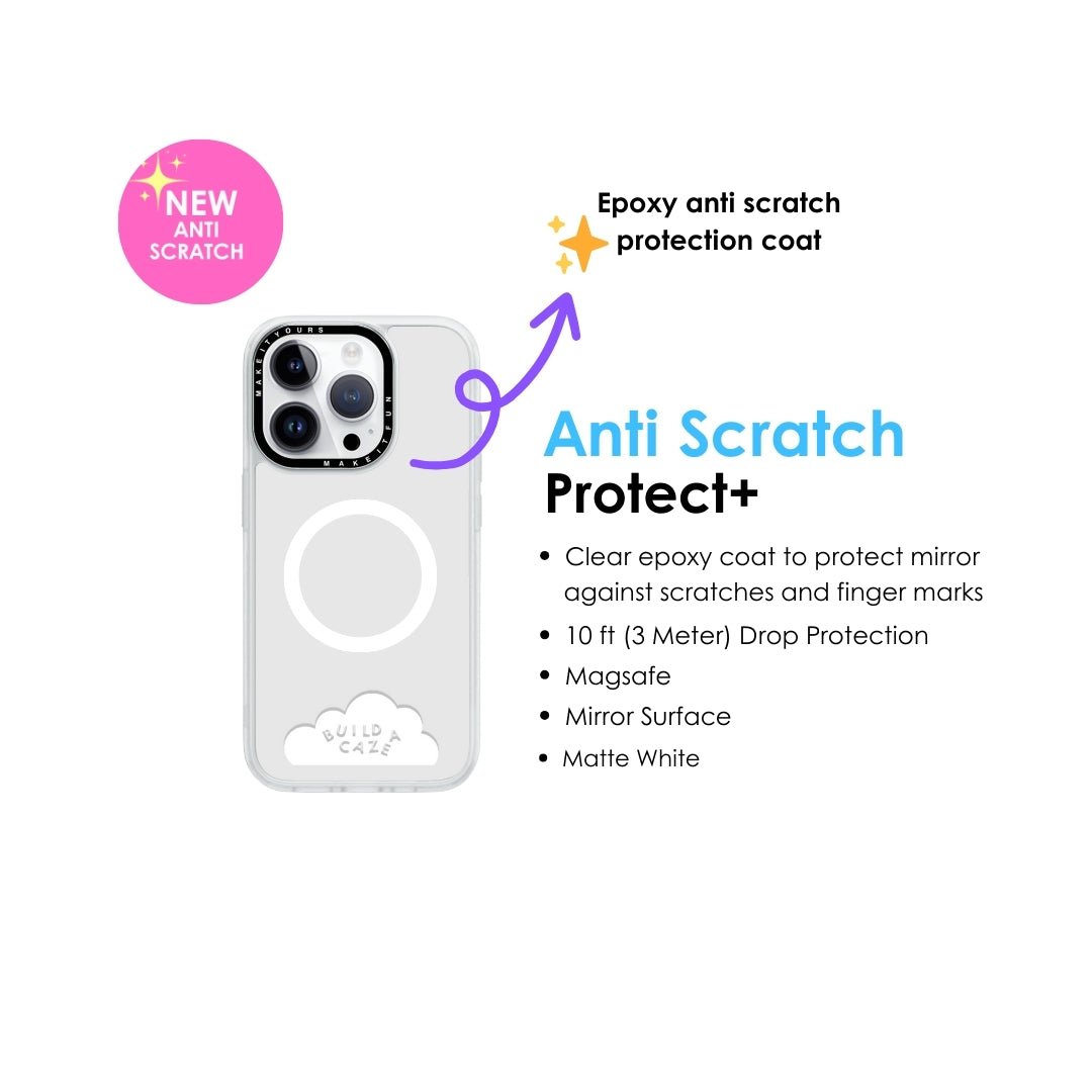 Anti-scratch silver MagSafe mirror phone case for iPhone 16 Plus featuring 10ft drop protection, epoxy finish, and a reflective back cover.