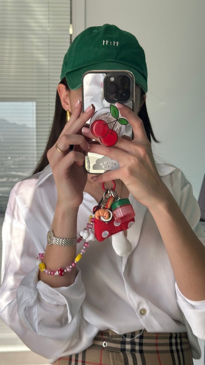 Red cherry design pop grippy, cute fruit themed MagSafe compatible magnetic pop holder, stylish phone socket and phone grip accessory.